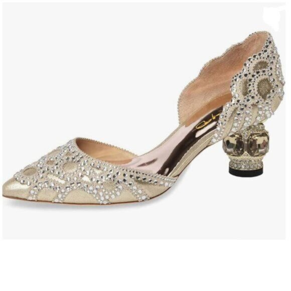 XYD Gold Pointed Toe D'Orsay Crystal Chunky Low Heel Rhinestone Studs Pump - Picture 1 of 8
